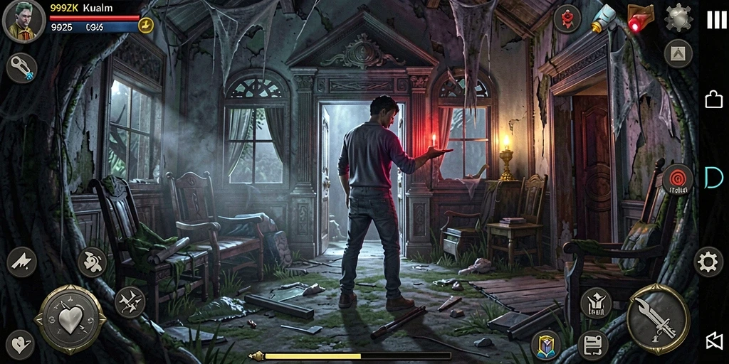 Screenshot gameplay 999ZK menampilkan suasana kegelapan yang mencekam.