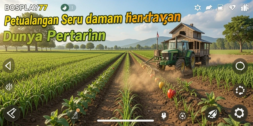 Screenshot gameplay BOSPLAY77 menampilkan ladang subur dan berbagai tanaman.