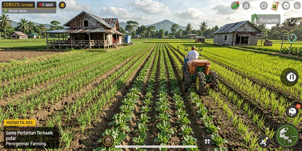 Tampilan gameplay seru di CERI123 dengan aktivitas bertani dan merawat tanaman.