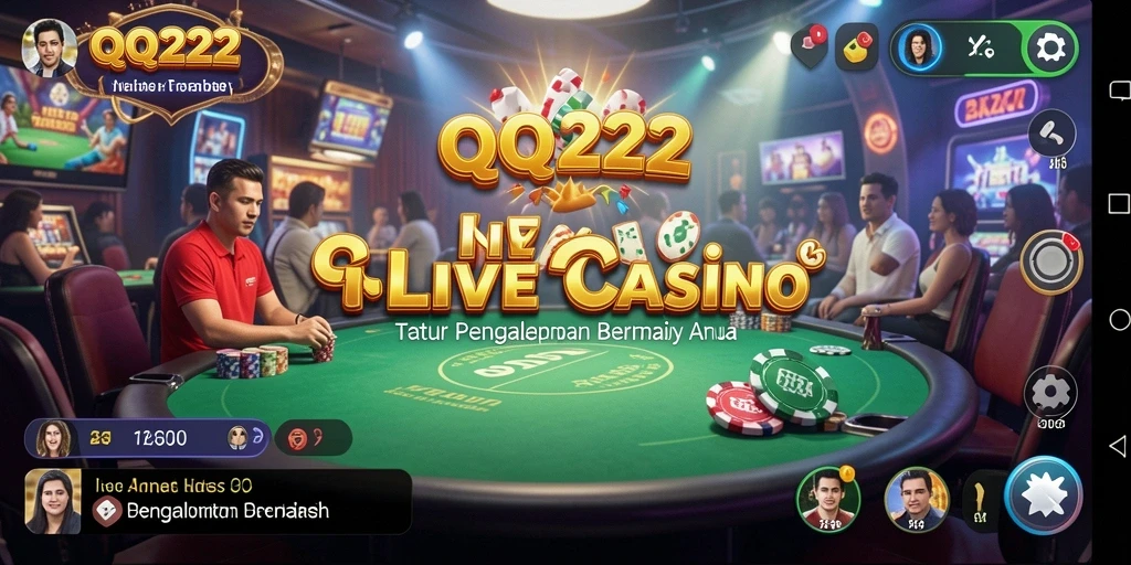 Screenshot gameplay Live Casino QQ222 dengan dealer profesional dan interaksi langsung.