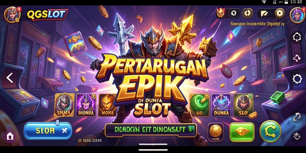 Screenshot QQSLOT menampilkan aksi pertarungan yang mendebarkan dan slot berputar.
