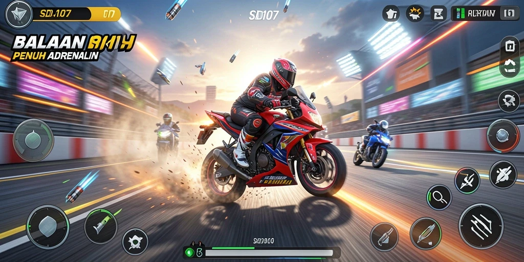 Screenshot gameplay SD107 yang menunjukkan balapan motor yang mendebarkan.