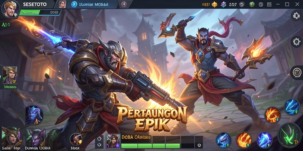 Tangkapan layar utama SESETOTO menampilkan aksi pertempuran seru di arena MOBA.