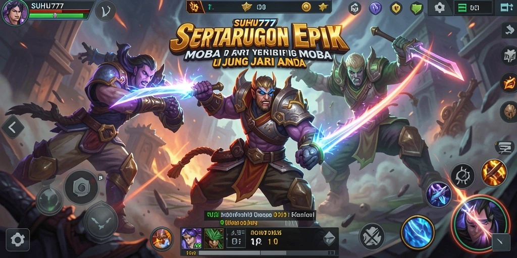 Tampilan gameplay seru di SUHU777, aksi MOBA yang mendebarkan.