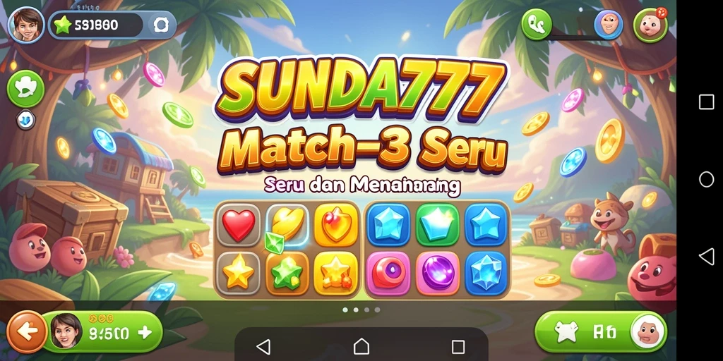 Tampilan gameplay SUNDA777 dengan elemen Match-3 yang cerah.