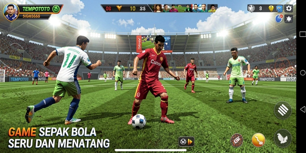 Screenshot gameplay yang menunjukkan aksi seru sepak bola.