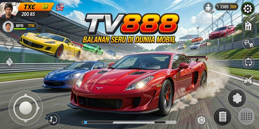 Screenshot TV888 menampilkan aksi balapan seru dengan mobil yang melaju cepat.